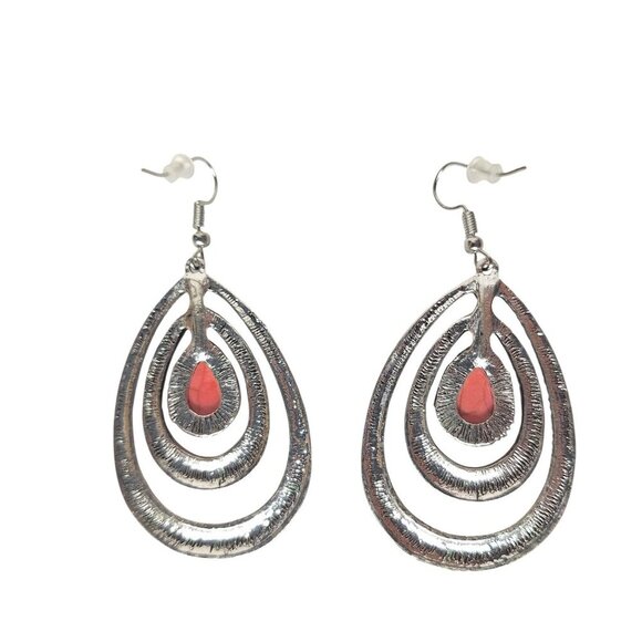 Boho Teardrop Dangle Earrings Coral Turquoise Beads Silver Tone Southwest Style - Picture 2 of 2